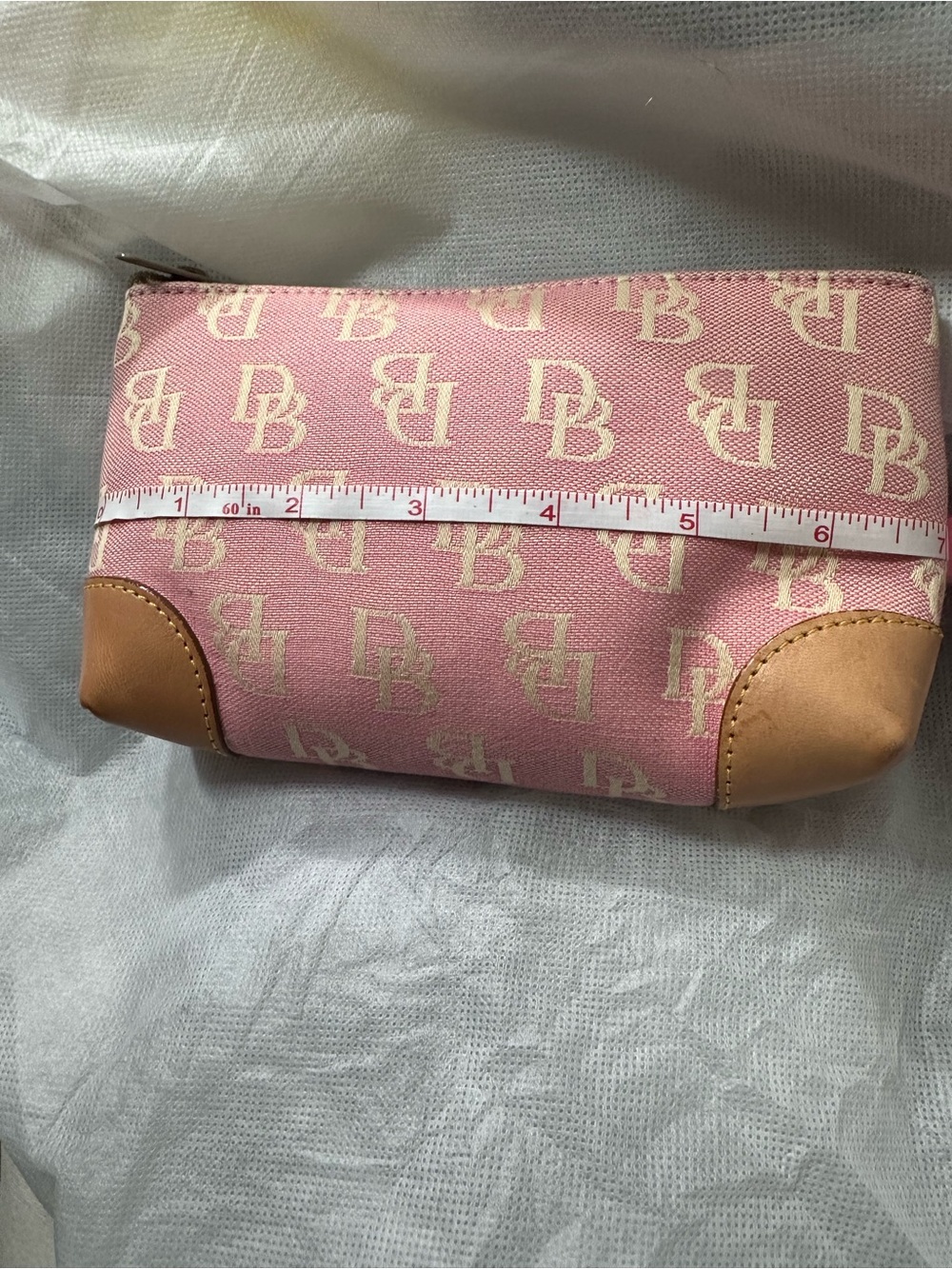 Dooney & Bourke Pink Monogram Cosmetic Pouch with Tan Leather Corners - Picture 4 of 6